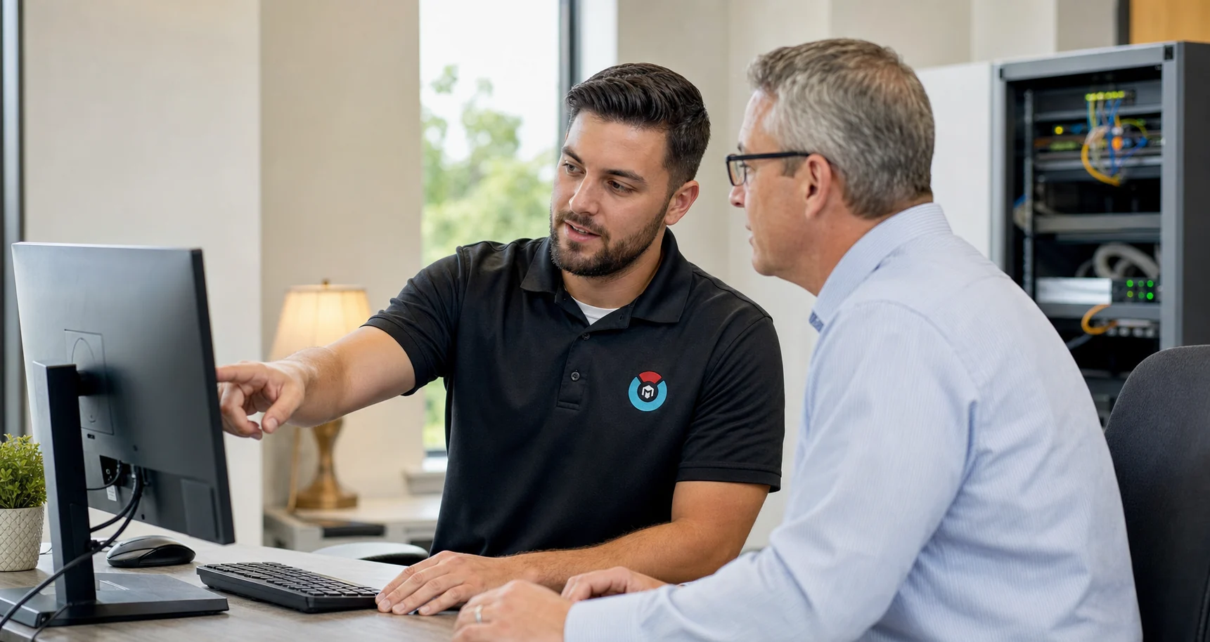A Micro Com Teck technician helping a client with business technology